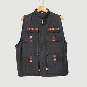 Unbranded Multi Pocket Utility Vest Black Woven Tribal Accents Gorpcore Size L
